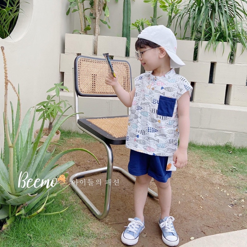 [Hàng Có Sẵn] Thời Trang Beemo Cho Bé - Set Bộ Sơ Mi Hình Cá Cho Bé (8-23kg)
