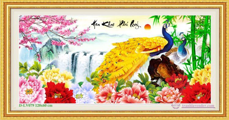 Tranh đính đá cao cấp hoa khai phú qúy lv079 kích thước 120cm x 60cm
