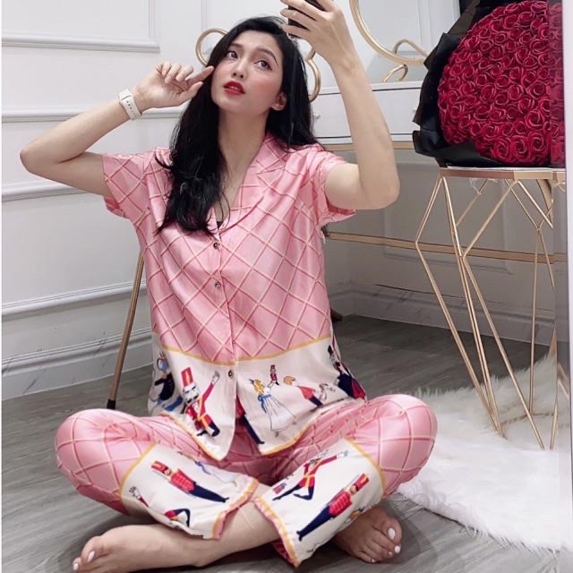 Pijama lụa satin , đồ mặc nhà nữ in 3D lính chì