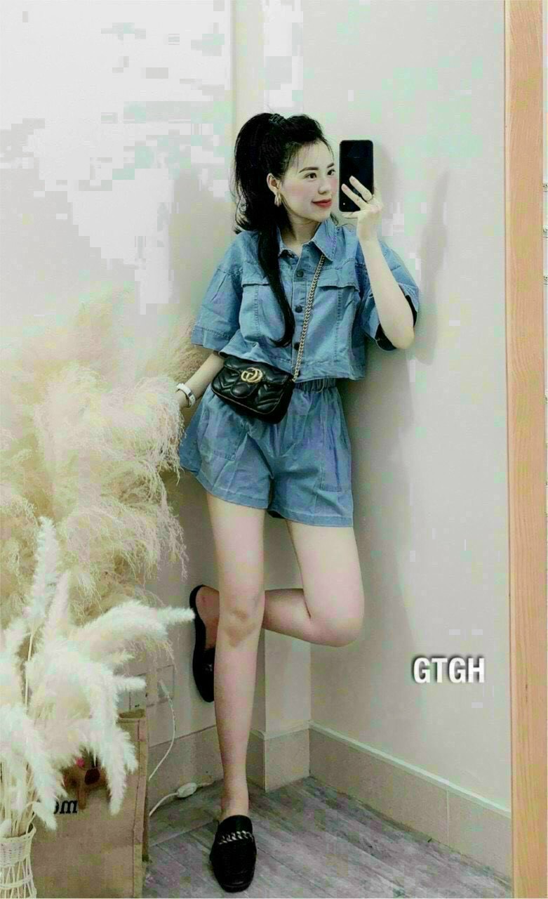 [HCM] Set bộ jeans nữ sơ mi phom rộng quần short cực teen