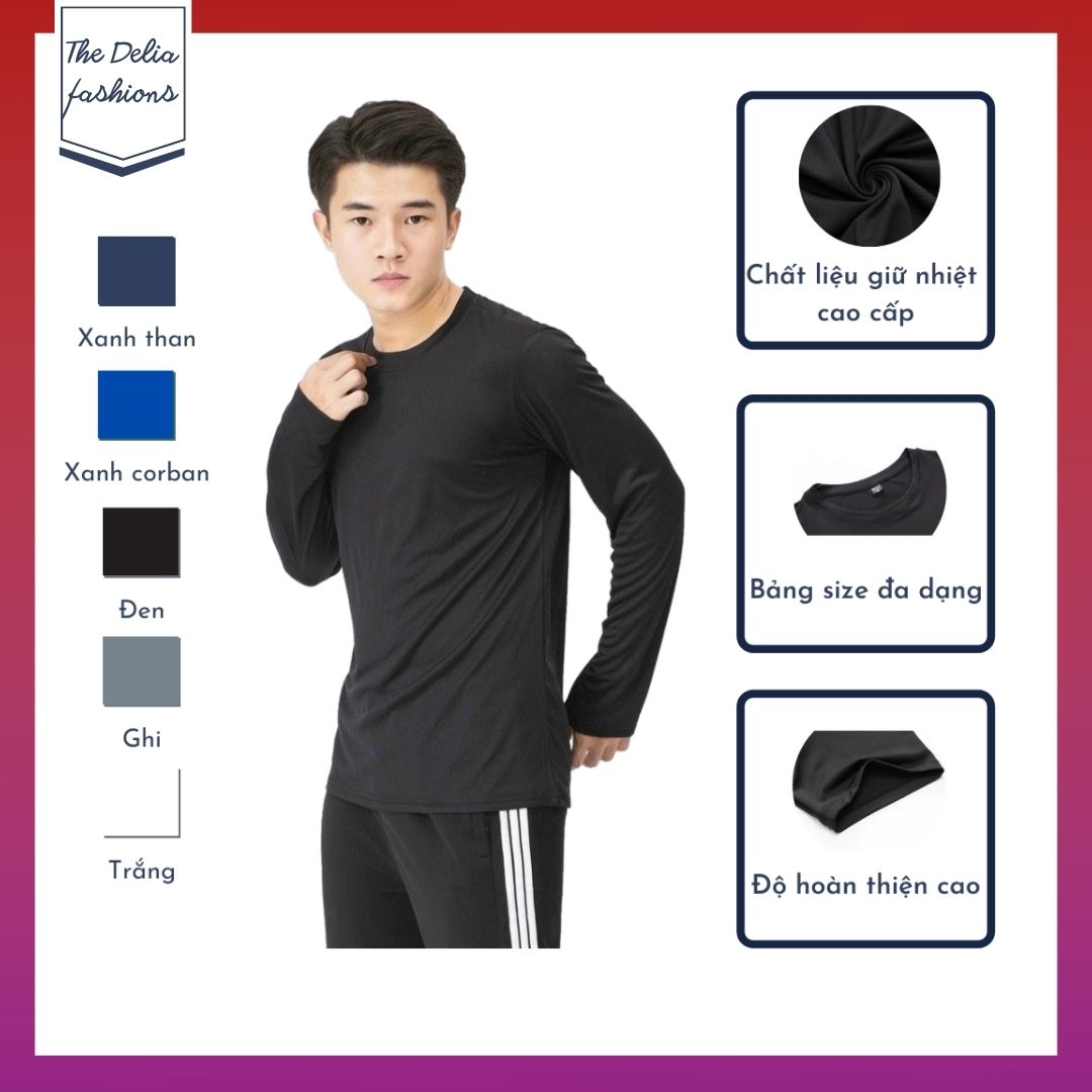 Áo thể thao dài tay nam cổ tròn co giãn tốt, áo giữ nhiệt chất cotton mỏng mịn, dáng ôm body mạnh mẽ năng động áo tập gym co giãn 4 chiều