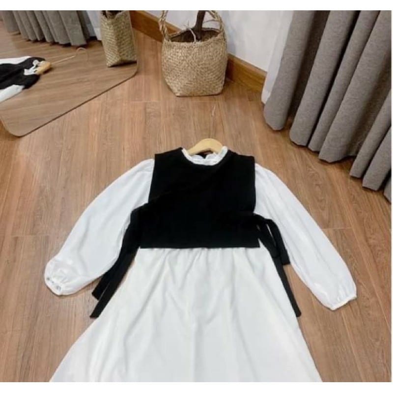 Sét Váy  Cổ Bèo Kèm Áo Gile Buộc Eo Thời Trang