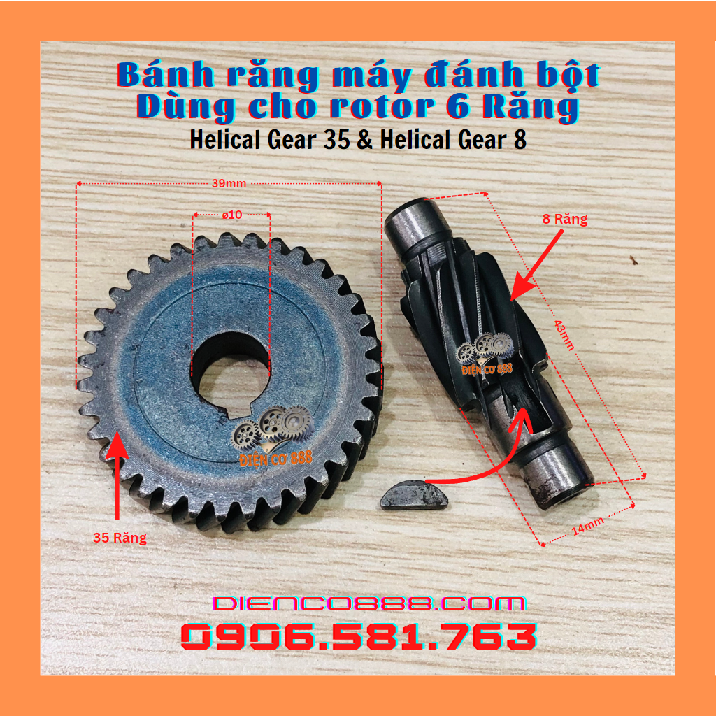 Bộ (2 chi tiết) nhông bánh răng máy đánh bột Kaizen KZ-6162 và TPC 6162 - Dùng với rotor 6 răng (Helical Gear 35 & Helical Gear 8)