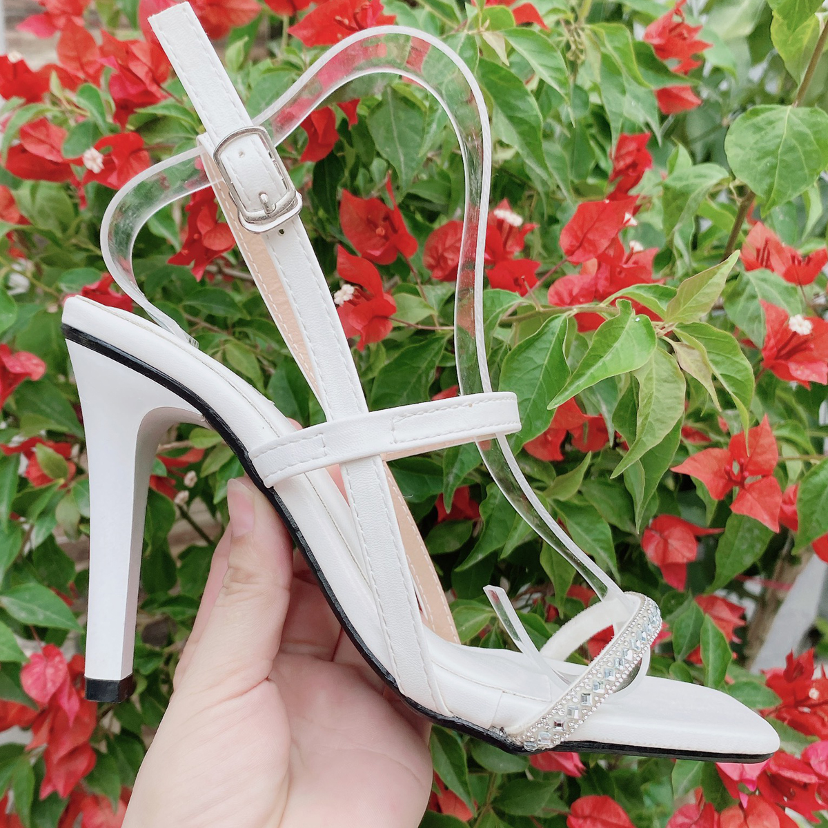 Sandal quai mảnh gót 9 phân TRẮNG