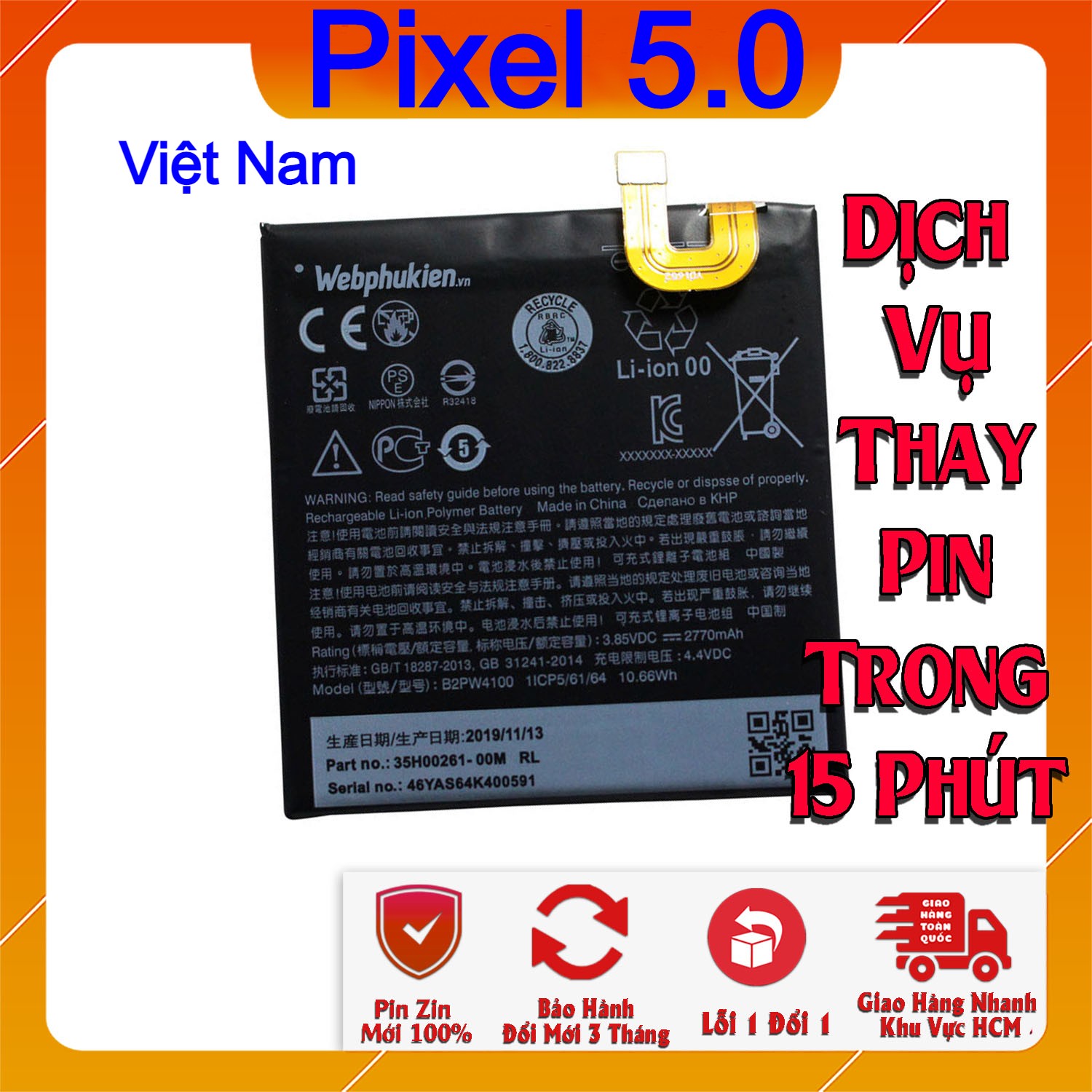 Pin Scud cho Google Pixel 5.0 B2PW4100 dung lượng 2770mAh (Đen)