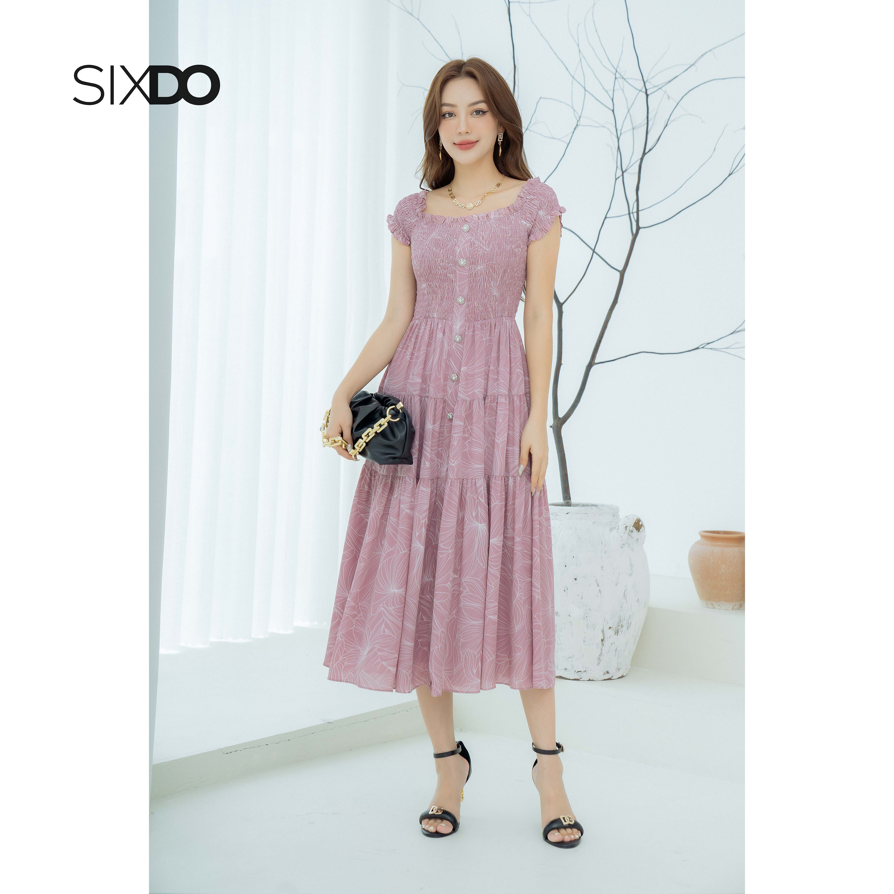 Đầm hoa chiffon midi SIXDO (Floral  Midi Chiffon Dress)