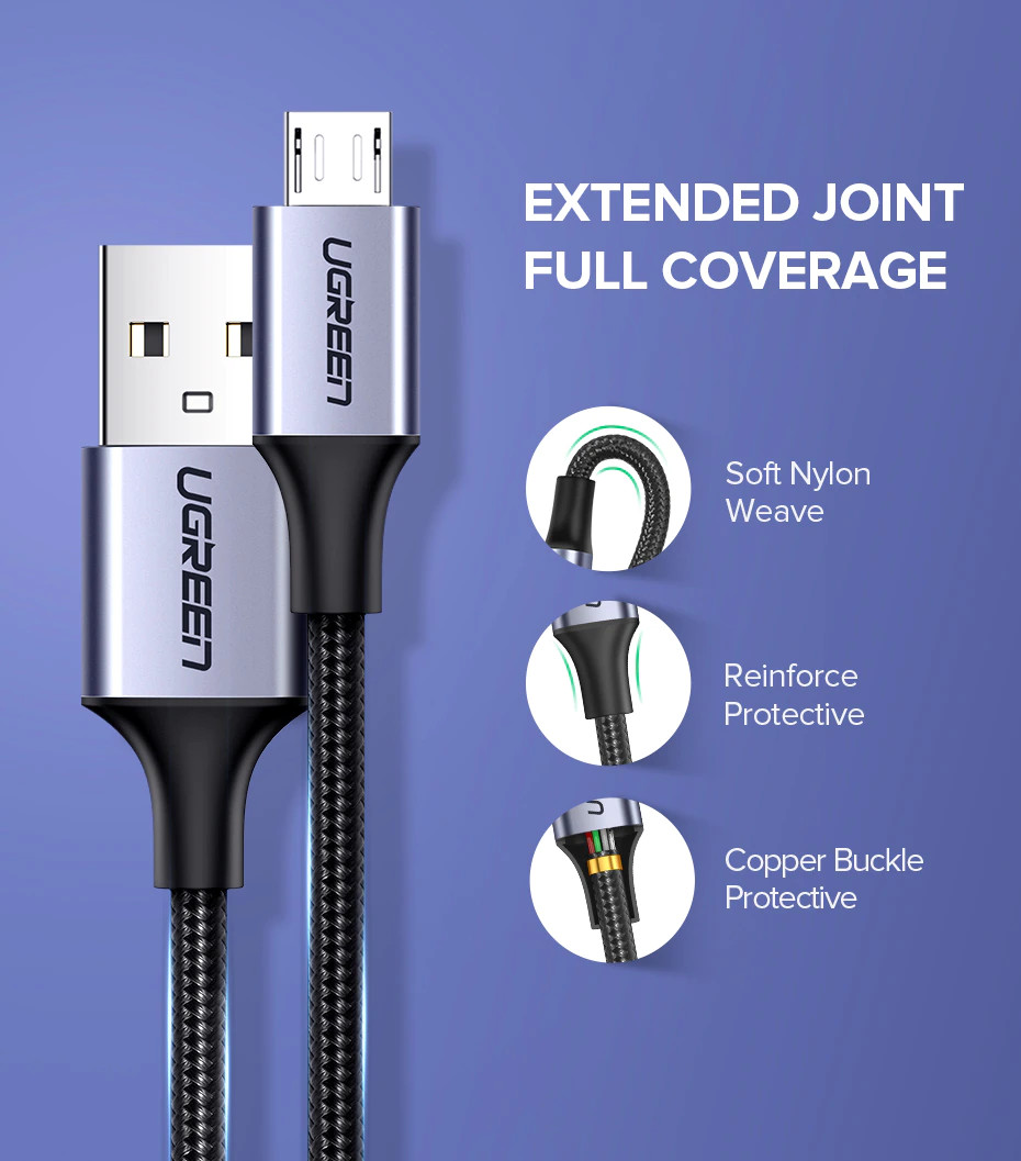 Cáp sạc USB 2.0 A sang Micro Ugreen US290 | Sạc nhanh cho Samsung Xiaomi HTC | Vỏ sợi siêu bền | Bảo Hành 1 đổi 1 18 tháng | 60144 60145 60146 60147 60148 60403 60151 60152 60153 60149 60150 60404
