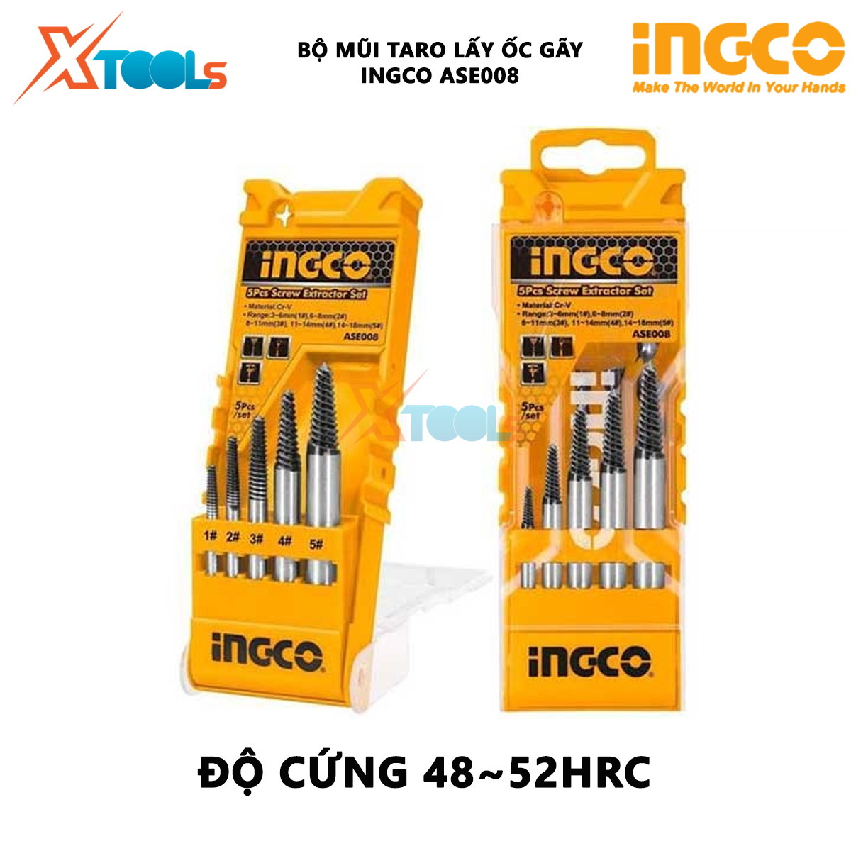 Bộ mũi taro lấy ốc gãy 5 chi tiết INGCO ASE008 Bộ 5 mũi ven răng Size 3-18mm Chất liệu Cr-V XTOOLs