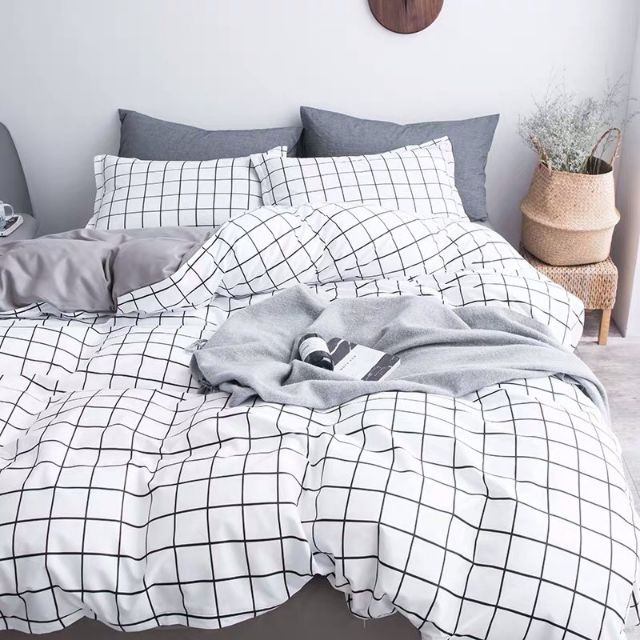 Cotton Poly Bộ Chăn Ga Gối Caro Trắng