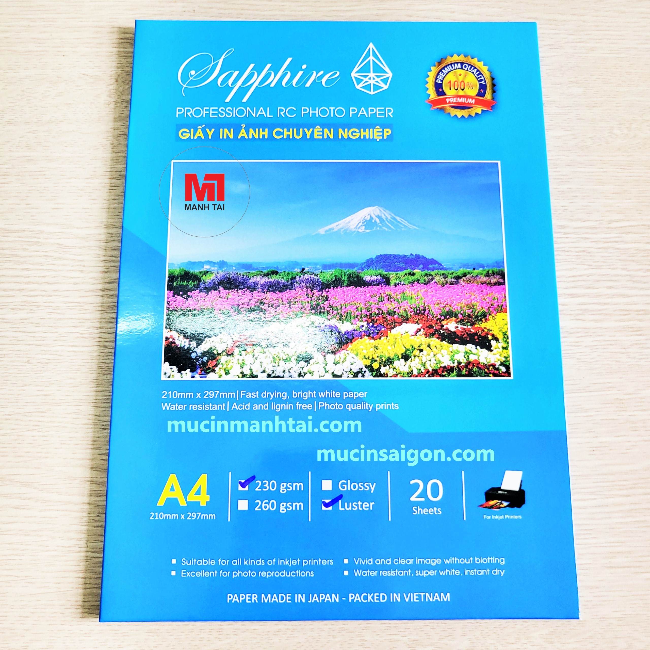 Giấy in ảnh Sapphire RC Lụa A4 230gsm - Chính hãng Nhật Bản, giấy in ảnh 1 mặt, dùng cho máy in phun