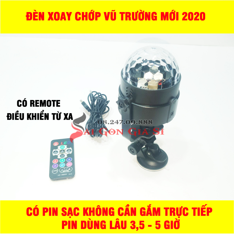 Đèn led bay dùng cho phòng Karaoke, Đèn xoay 7 màu, Đèn xoay vũ trường, Đèn xoay chớp cảm ứng theo nhạc có pin sạc + remote hàng loại 1 - Bảo hành 06 tháng