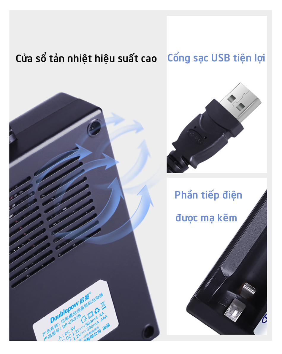Sạc pin Doublepow UK93B sạc pin AA AAA tự ngắt khi đầy có màn hình hiển thị thông minh