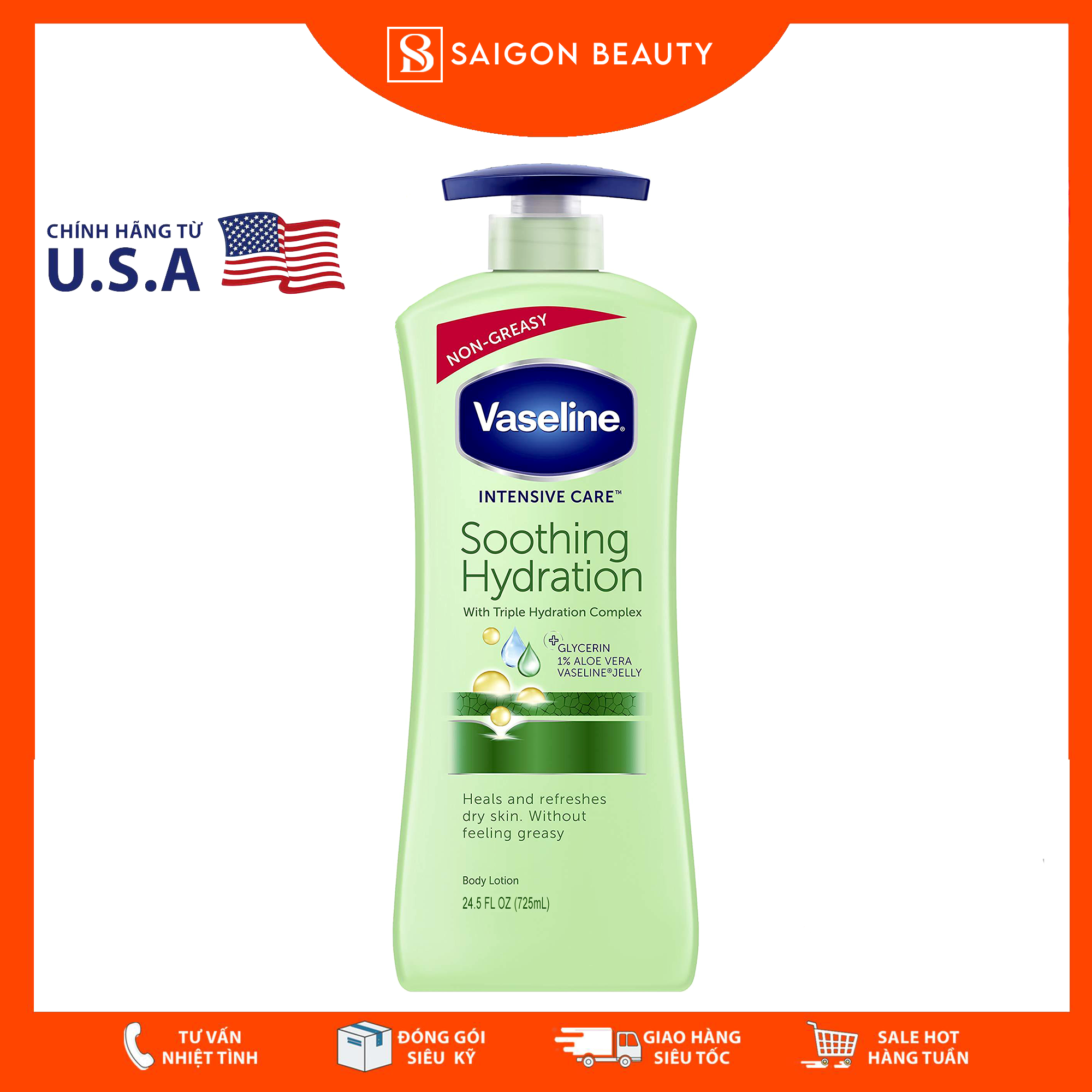 [HCM]Sữa dưỡng thể Vaseline Intensive Care – Soothing Hydration with Triple Hydration Complex (725mL)
