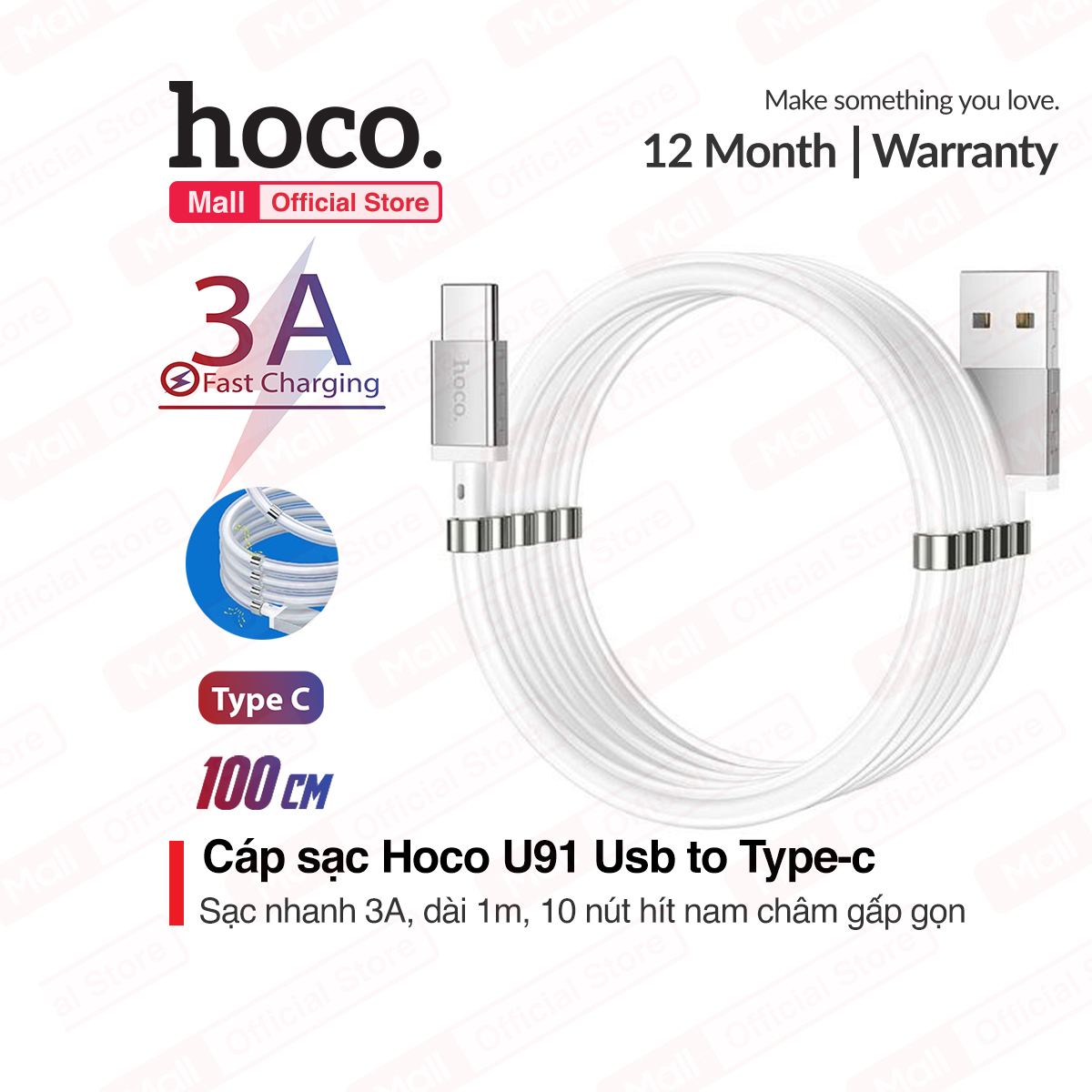 Cáp sạc Hoco U91 USB to Type-c sạc nhanh 3A Max 10 nút hít nam châm gấp gọn dài 1m
