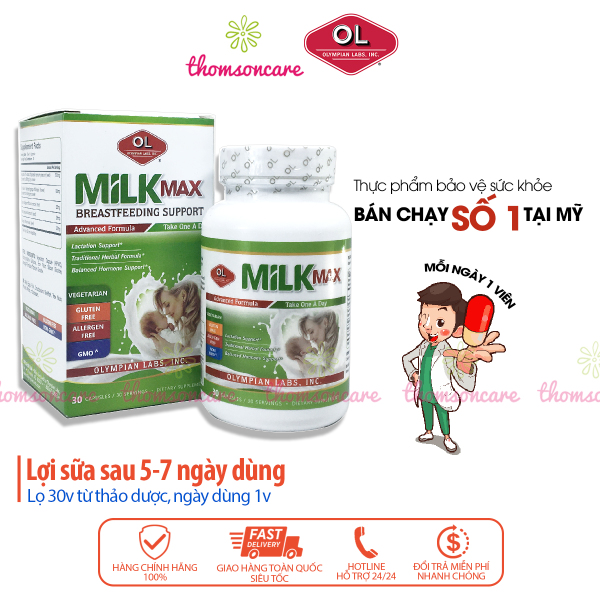 Viên lợi sữa Milk Max từ Olympian Labs nhập khẩu từ Mỹ, kích sữa cho mẹ sau sinh, cho con bú Hộp 30v nhập khẩu
