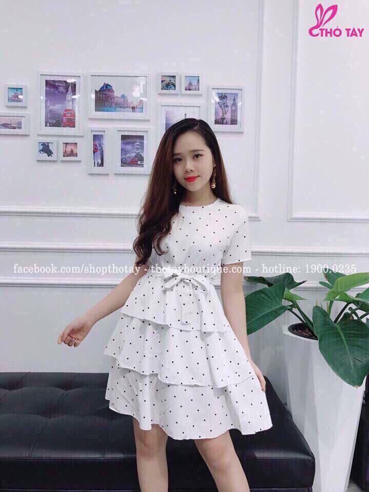 [HCM]Đầm chấm bi cột nơ  -HT