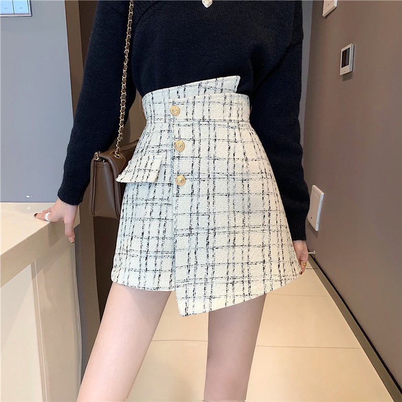 Quần váy dạ Tweed cạp lệch 3 cúc, Quần giả váy nữ dáng chữ A phong cách Hàn Quốc Okélla