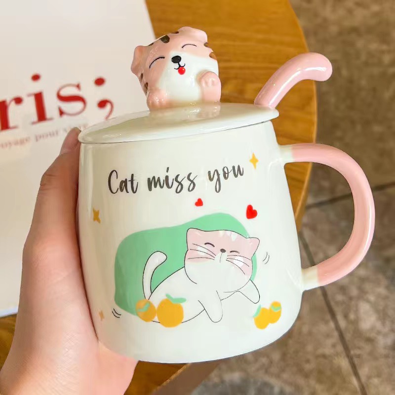 Ly cốc sứ mèo 3d cao cấp dễ thương uống cafe làm quà tặng có nắp sứ và thìa 420ml