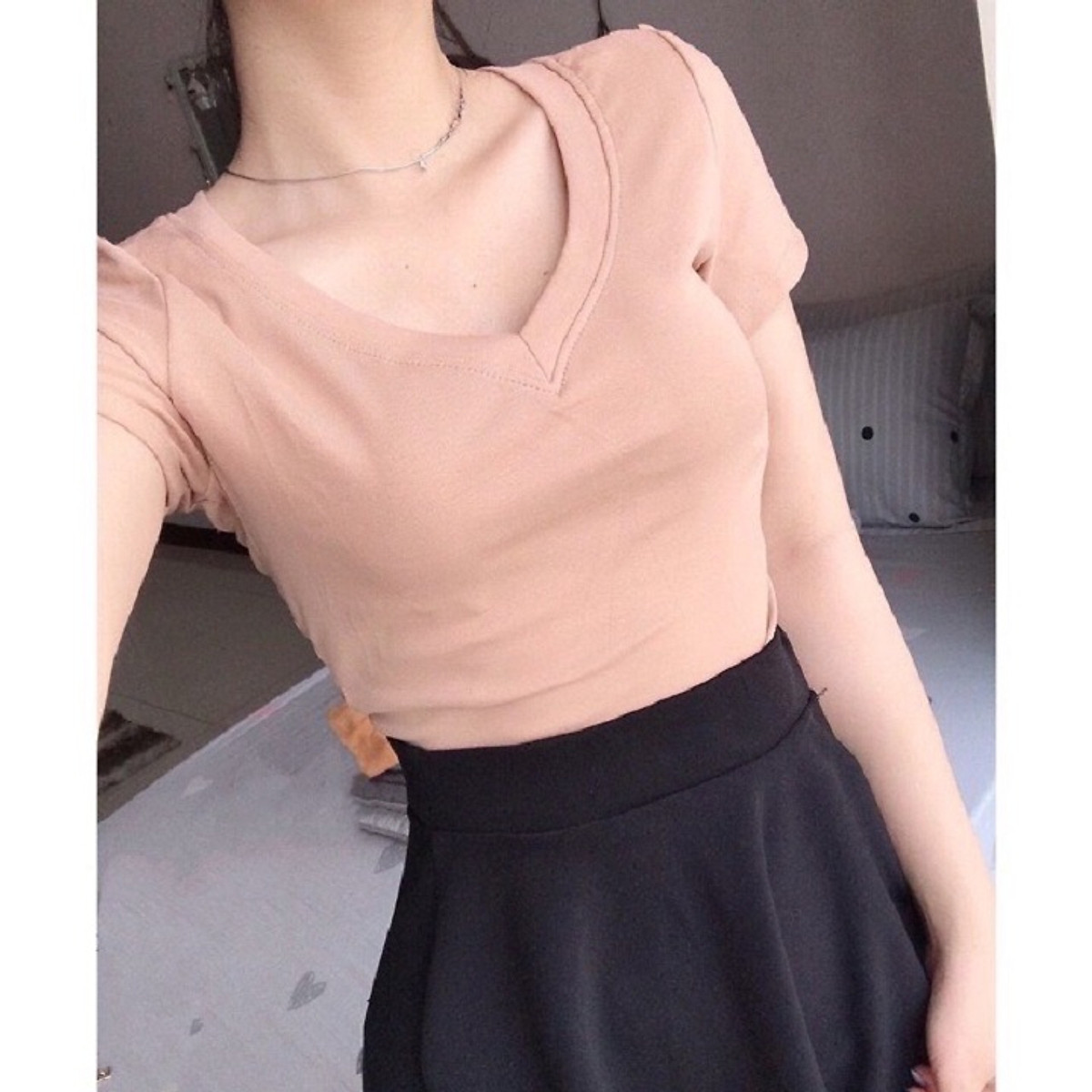 Áo thun nữ body tay ngắn cổ tim form dài, thun borip loại I xịn sò