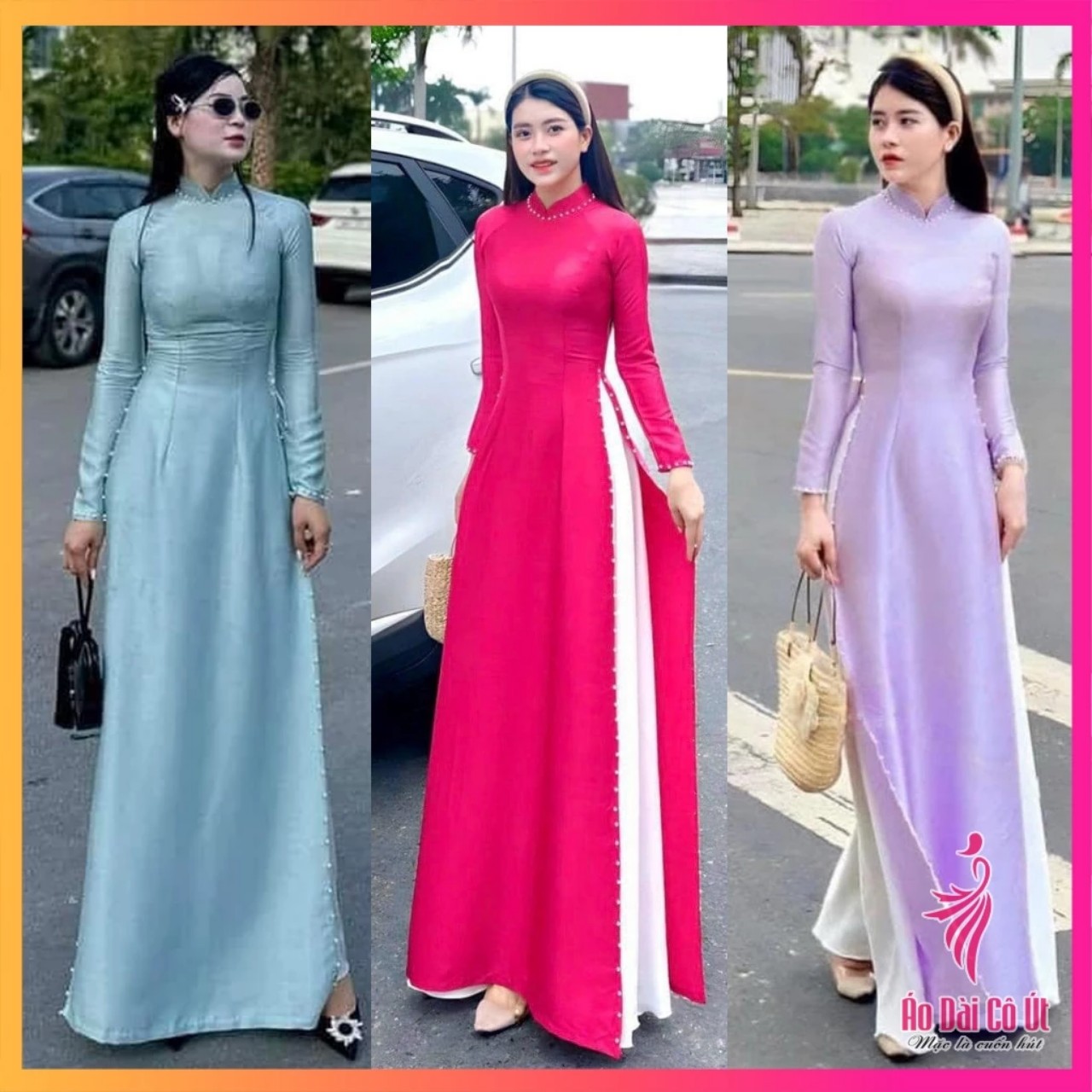Bộ áo dài lụa vân gỗ kết ngọc cao cấp