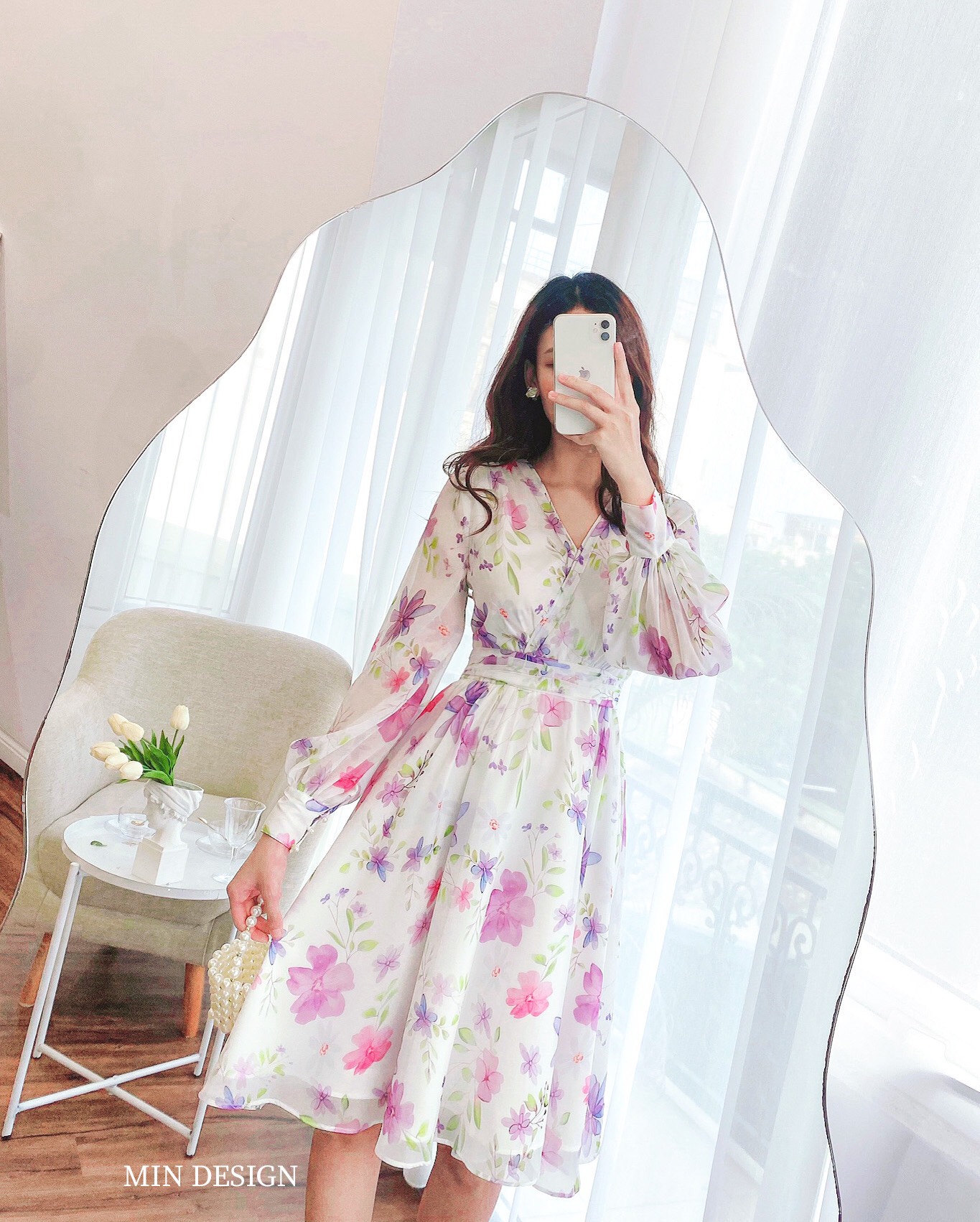 Váy cổ tim hoa tím xòe Min Design