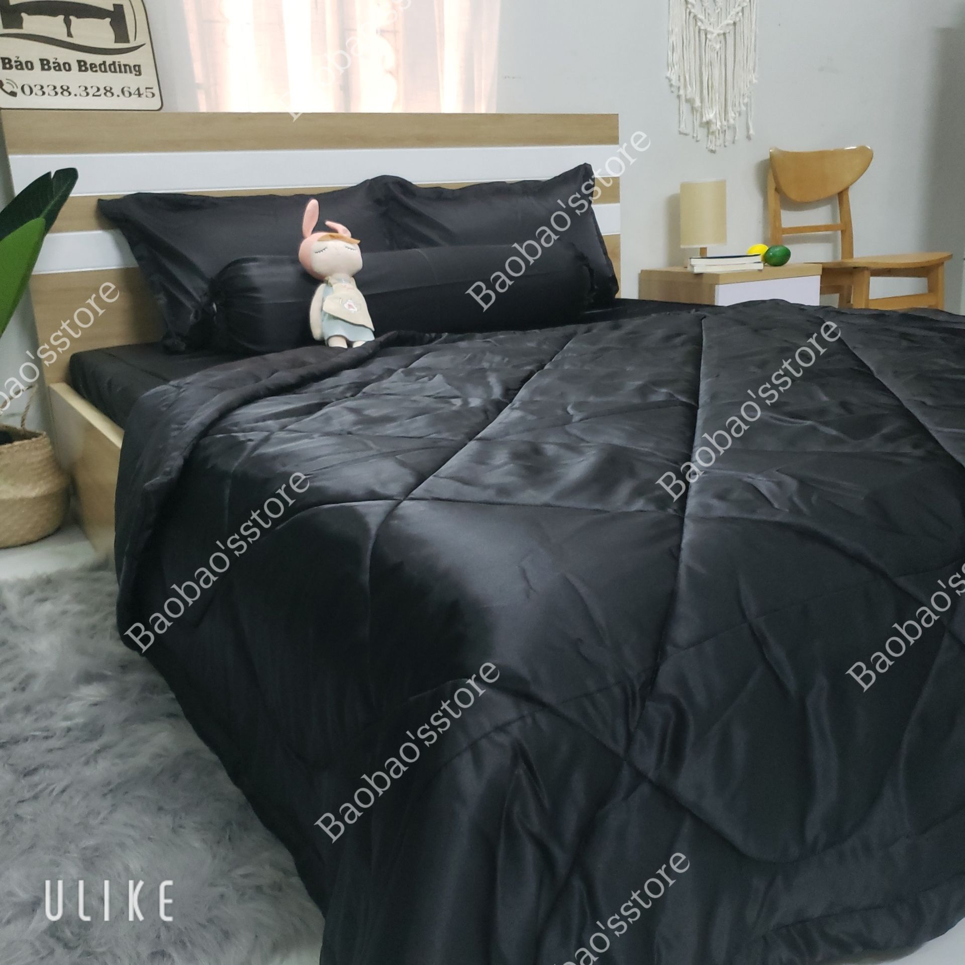 Bộ chăn ga và vỏ gối phi lụa màu đen (drap phi lụa, ga giường phi lụa)