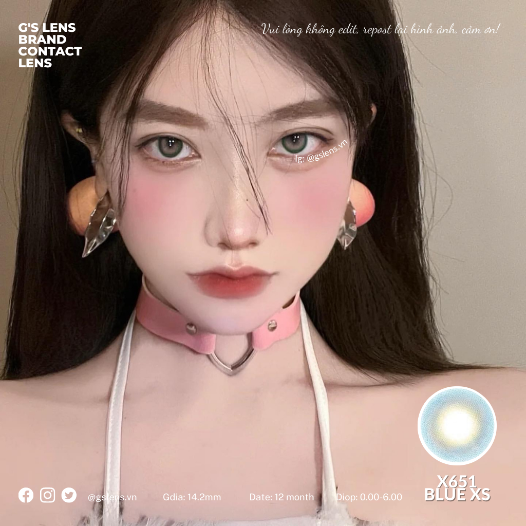 Lens mắt kính áp tròng xanh tây sáng không giãn x651 blue có từ 0 đến 6 độ lệch độ size xs 14mm - g's lens