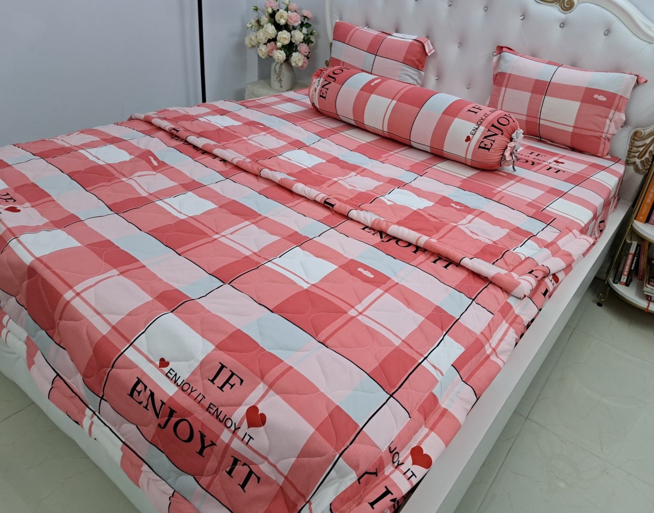 [HCM]]Bộ drap thun Hàn Quốc loại 1 có mền 5 món ( 1 drap + 1 chăn chần bông + 3 áo gối)