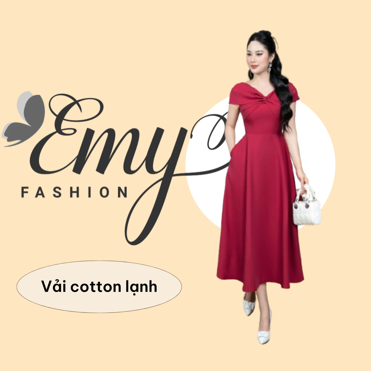 Đầm EMY EM9359 Xoè Đỏ Đổ Cổ V Xoắn Ngực