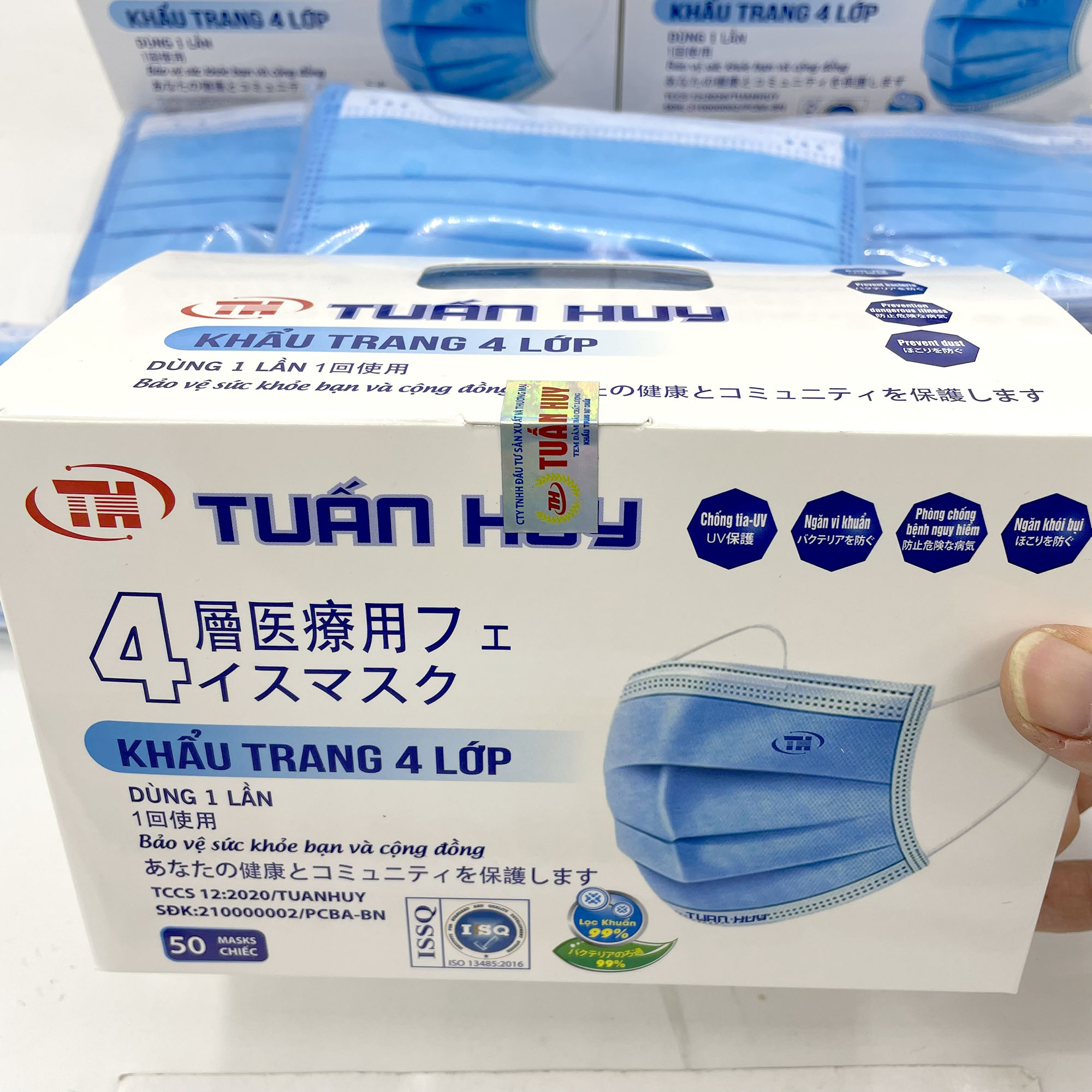 Khẩu trang y tế 4 lớp hộp 50 cái Kháng Khuẩn Có Tem niêm phong, có Logo, Đạt Tiêu Chuẩn ISO Và Kiểm Định Bộ Y Tế, khau trang y te,