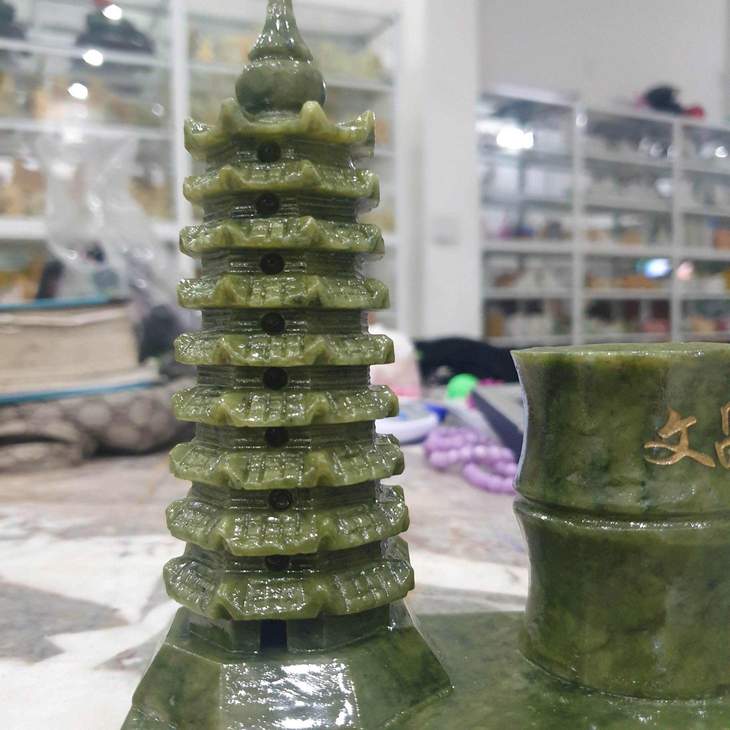 tháp văn xương ống bút size 15 cm đá SERPENTINE