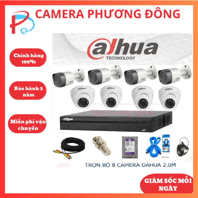 Trọn bộ 8 camera quan sát dahua 2.0m full hd 1080p vỏ thép kèm ổ cứng hdd tùy chọn + đầy đủ phụ kiện