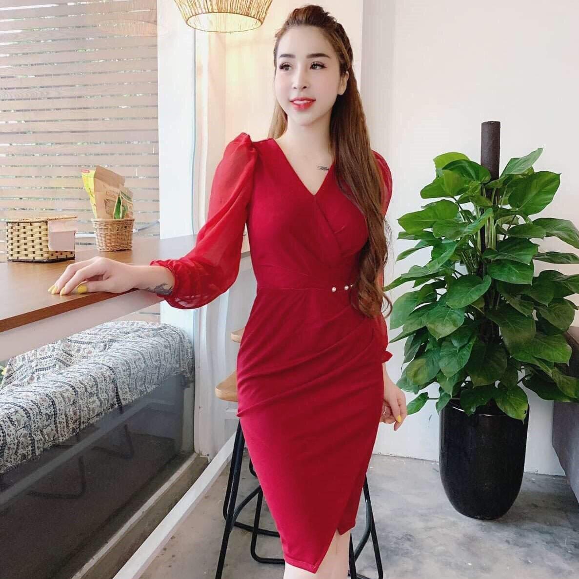 Đầm body chéo ngực tay lưới