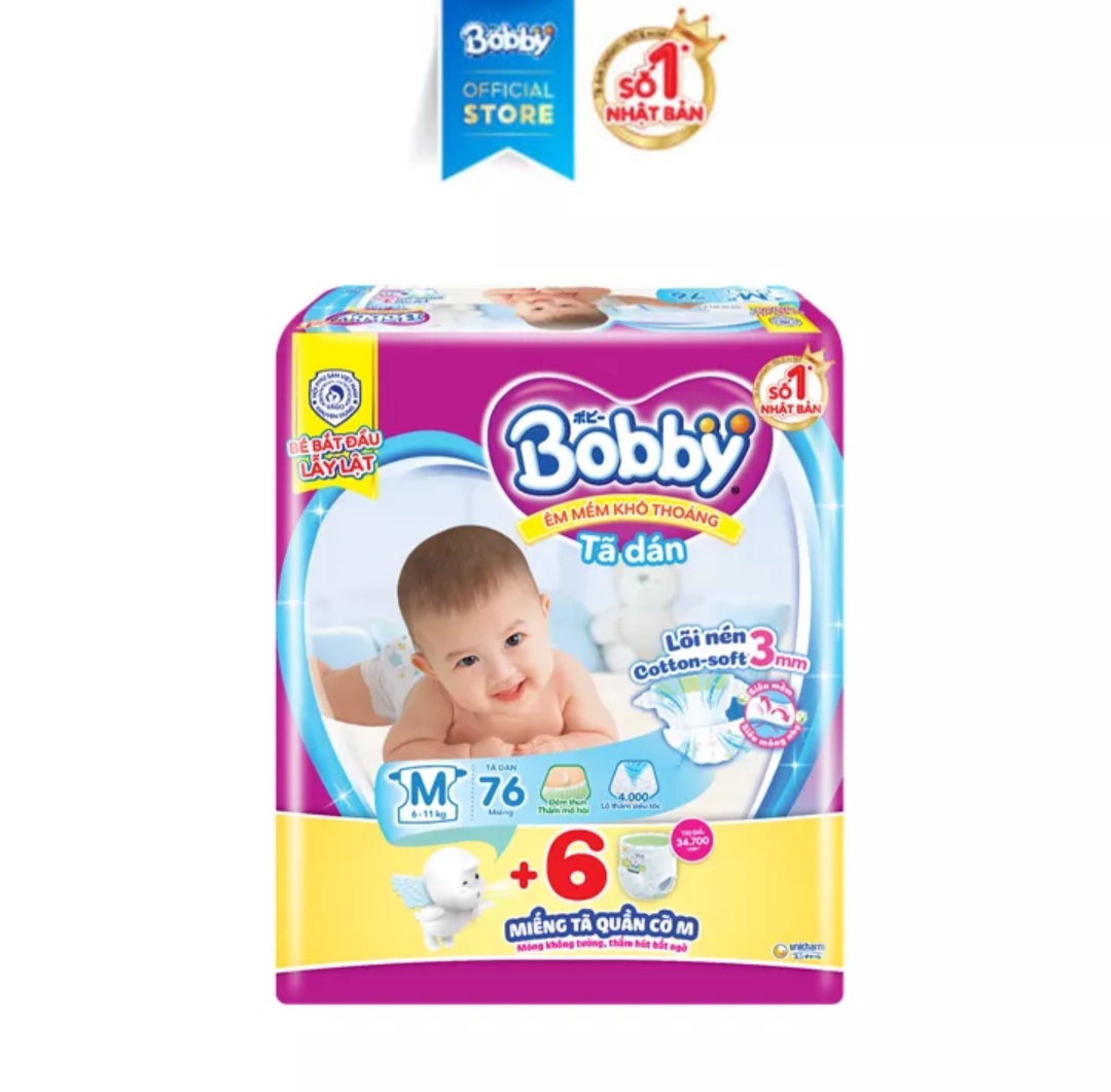 Tã dán Bobby size M 46 miếng hoặc M 76 miếng (6 - 11 kg), L 68 miếng (9-14kg)