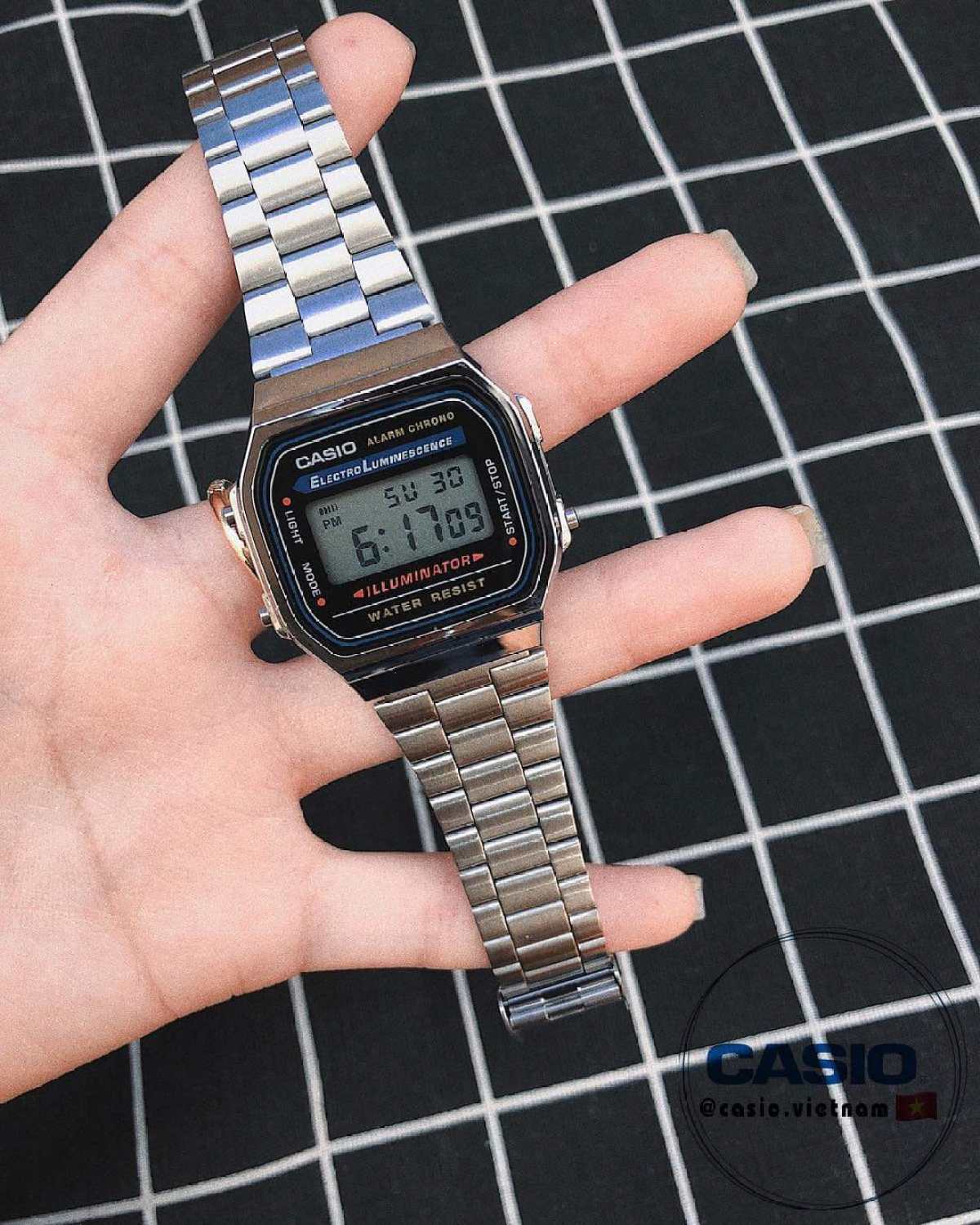 Đồng hồ điện tử nam nữ dây thép Casio A168 vintage xám chuột