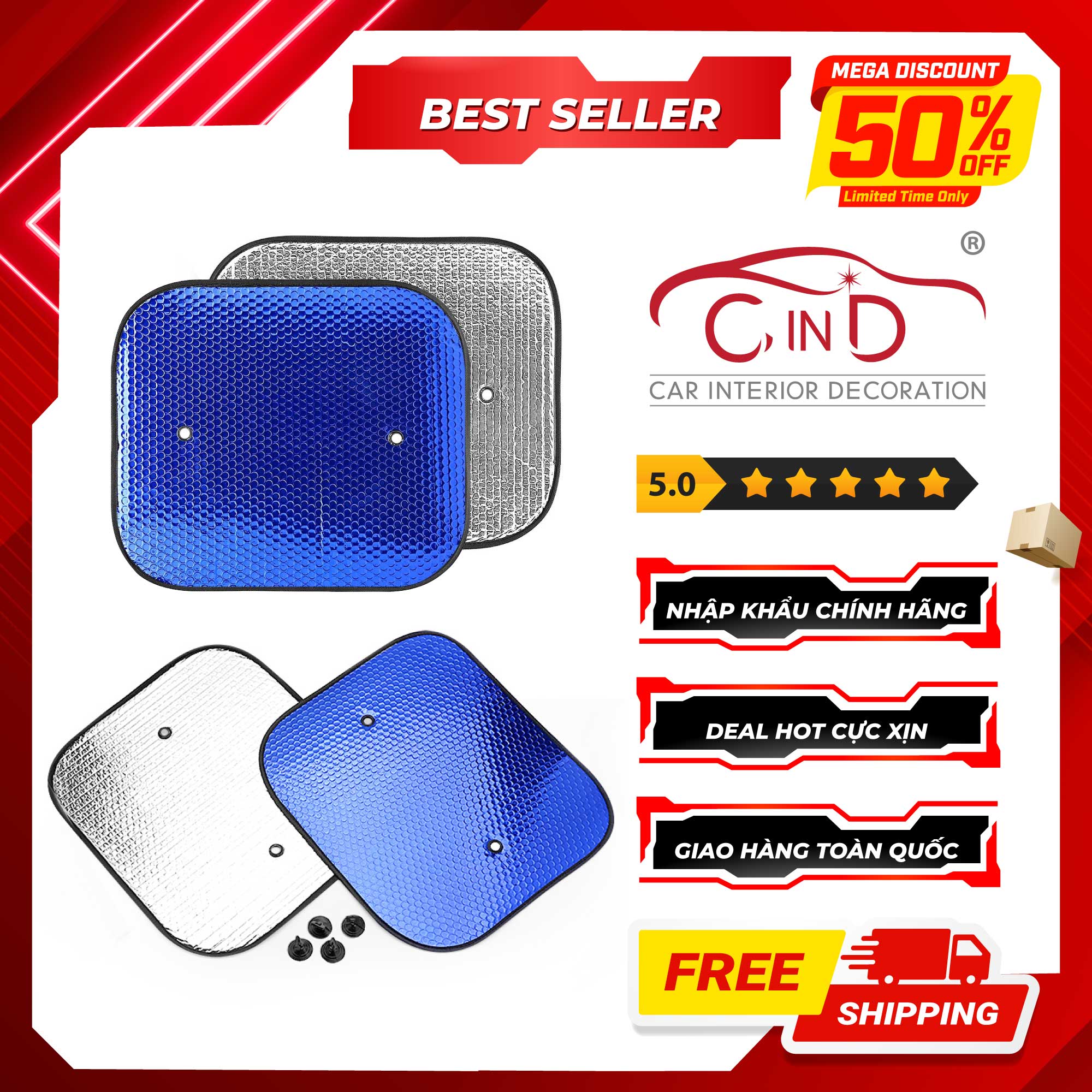 Combo 2 Tấm Che Nắng Ô Tô Xốp Tròn Lớn CIND-A Màu Lam (45x52 cm) - Nhập Khẩu Chính Hãng
