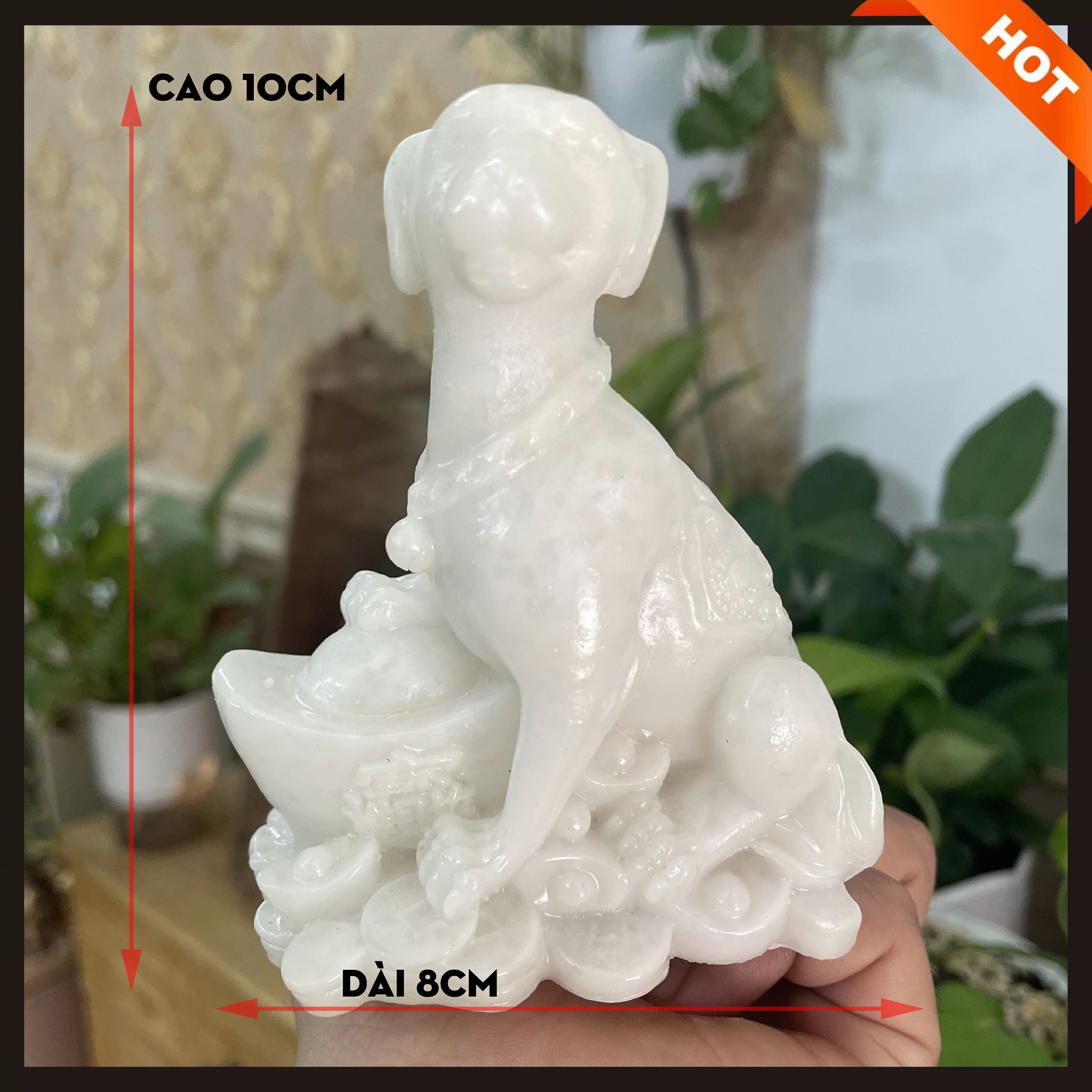 [HCM]Tượng đá trang trí chó giữ thỏi vàng tài lộc phong thủy - Màu Trắng Đá Non Nước - Cao 10cm
