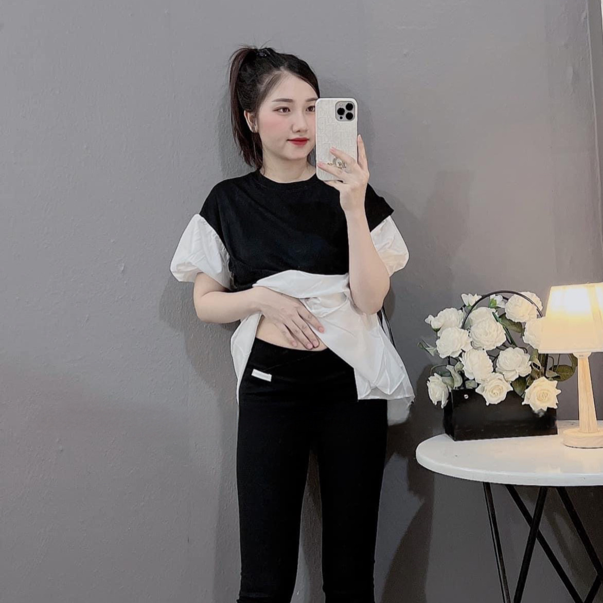 Áo bầu trắng đen công sở thắt nơ eo A091