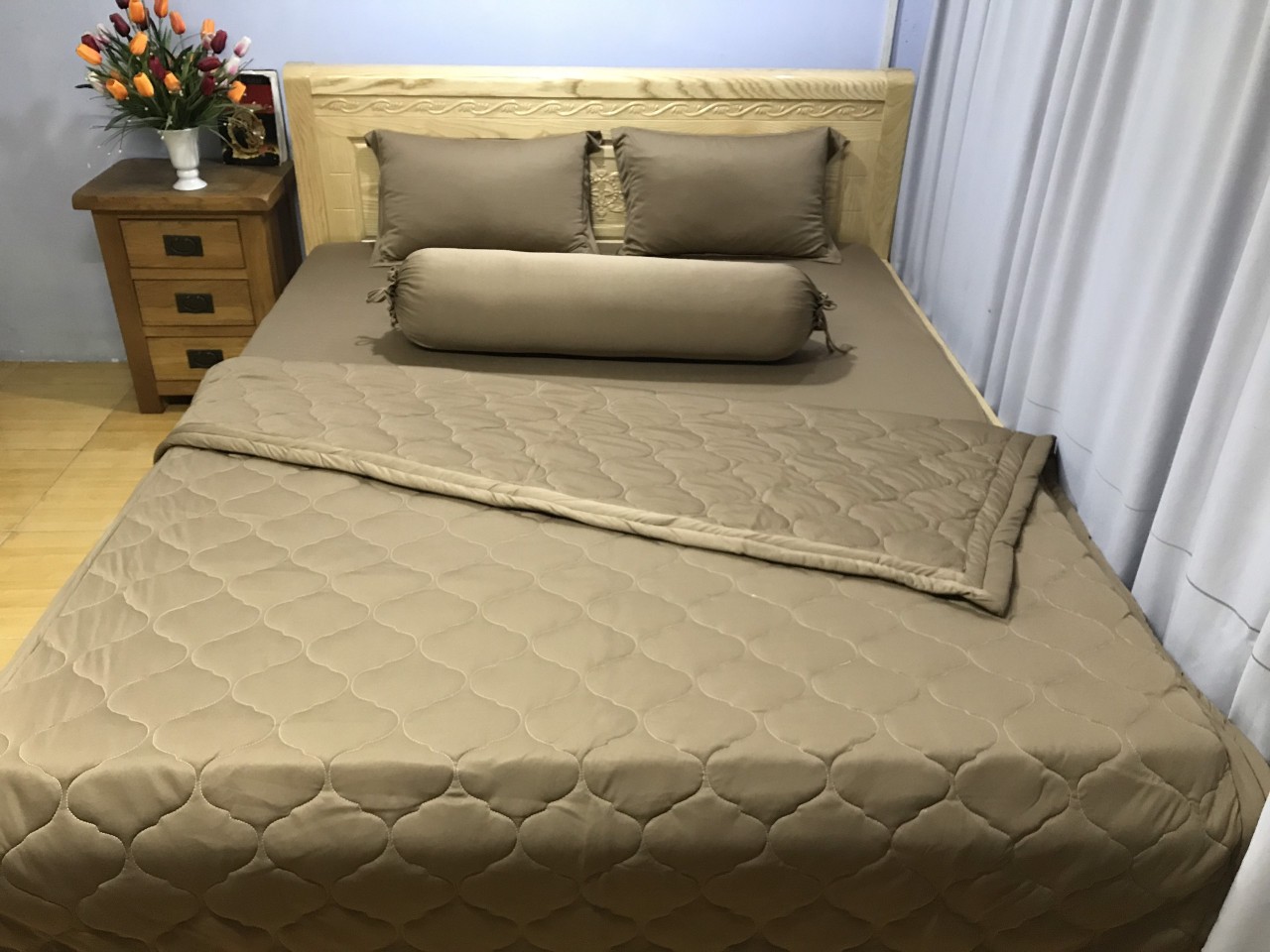 Trọn Bộ Chăn Ga Gối Thun Lạnh Hàn Quốc Lan Phạm Bedding - Màu Nâu Tây
