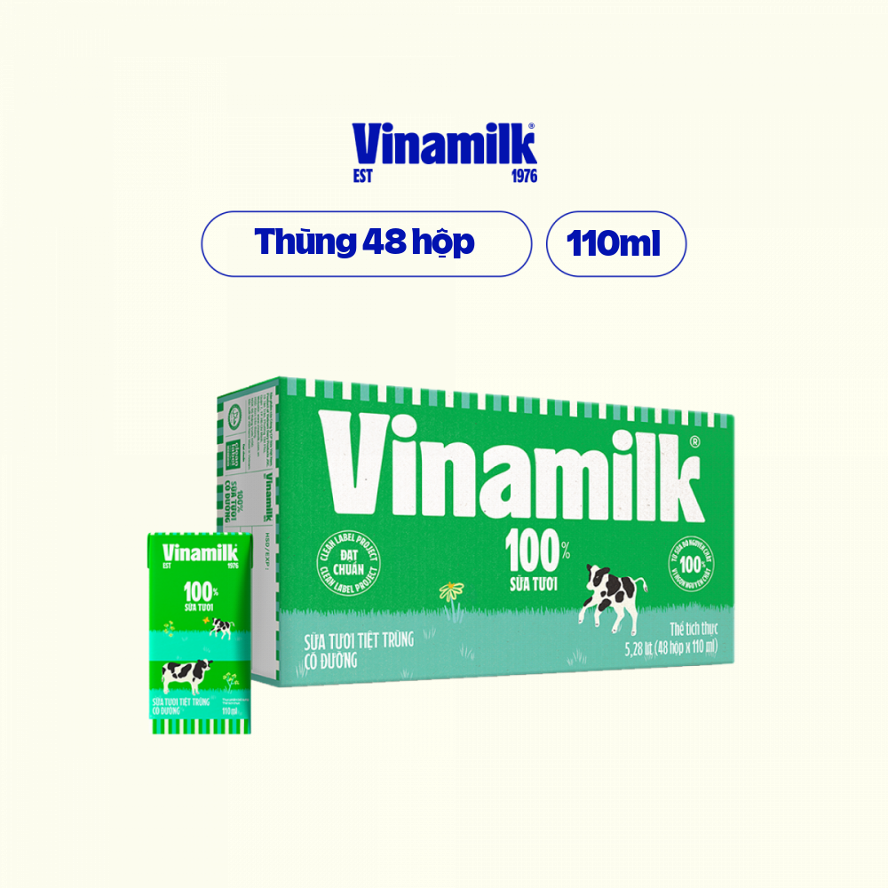 Thùng 48 hộp sữa tươi tiệt trùng Vinamilk 100% có đường 110ml