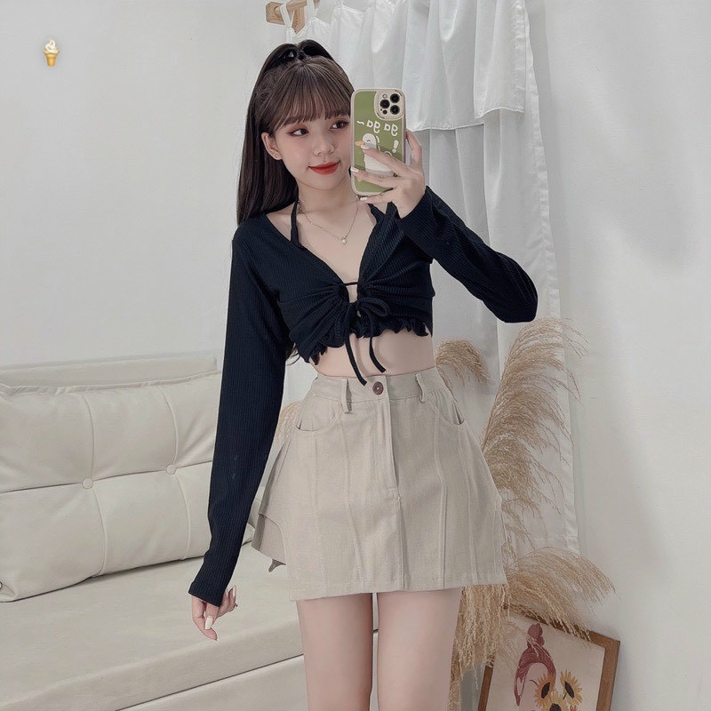 Set áo bra có mút phối áo khoác tay dài khoen ngực kèm ảnh thật mẫu mặc