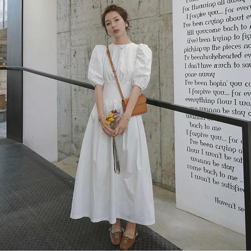 [Có sẵn] Đầm maxi trắng tay phồng bo eo tay phồng