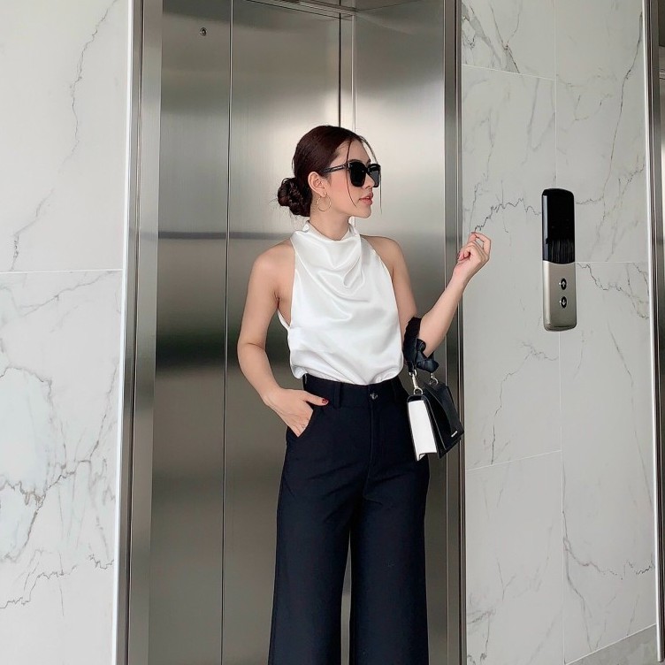[Có sẵn] Áo lụa satin cổ yếm cao sang chảnh (có ảnh thật)
