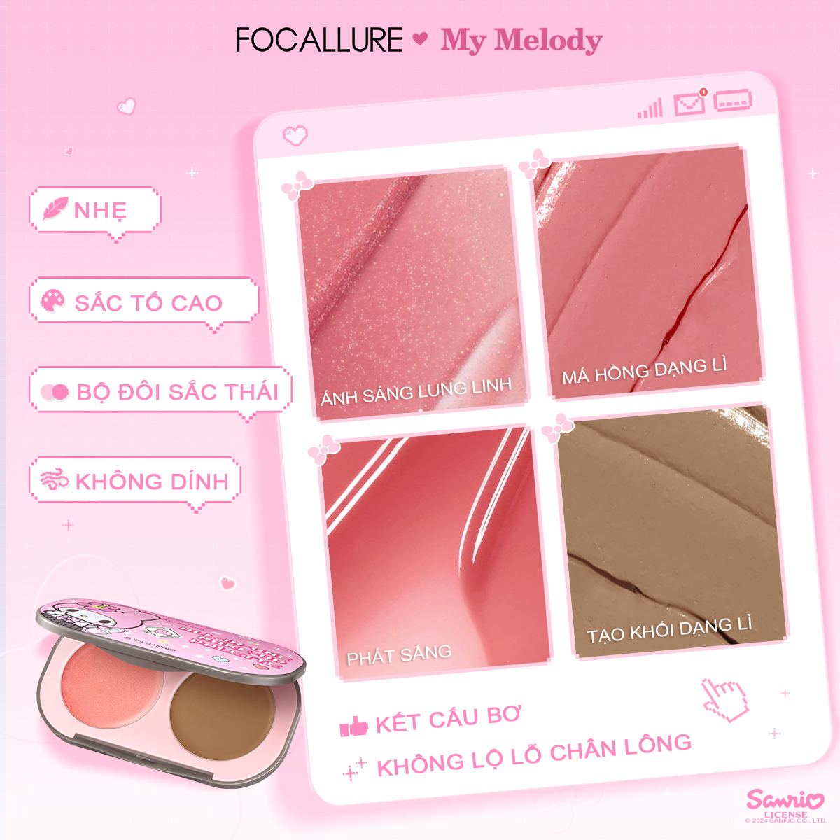 [FOCALLURE x Sanrio] Bảng Phấn Má Hồng 2 Màu Mịn Màng Bơ
