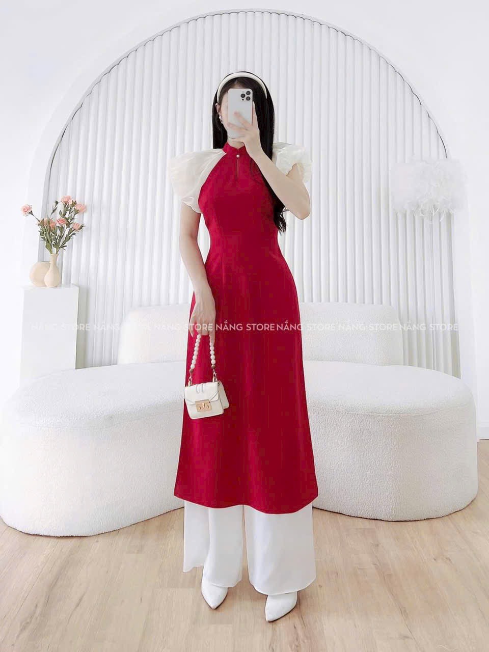 Set Áo Dài Cách Tân Chất Nhung Quần Lụa Du Xuân Tết (Set Gồm Áo Và Quần)