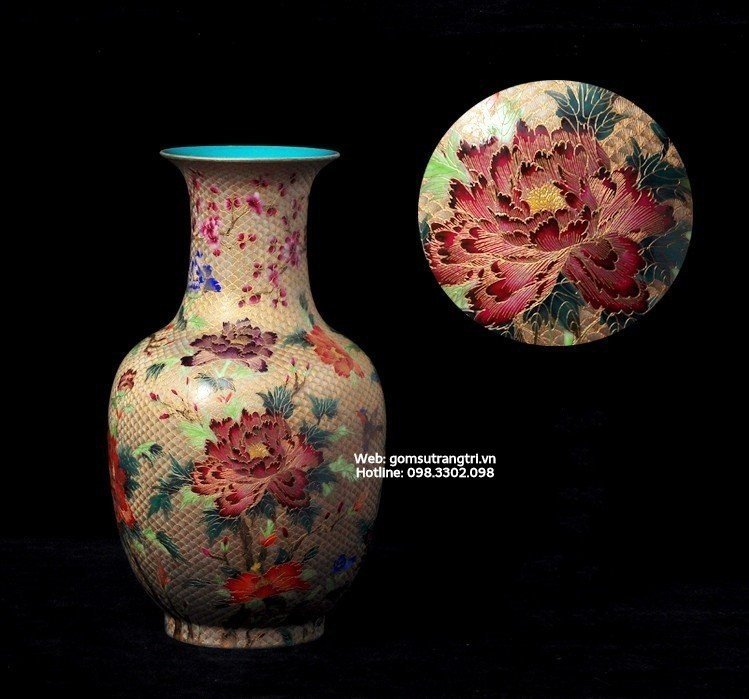 Bình Vẽ Tay Chim Trĩ - Hoa Mẫu Đơn