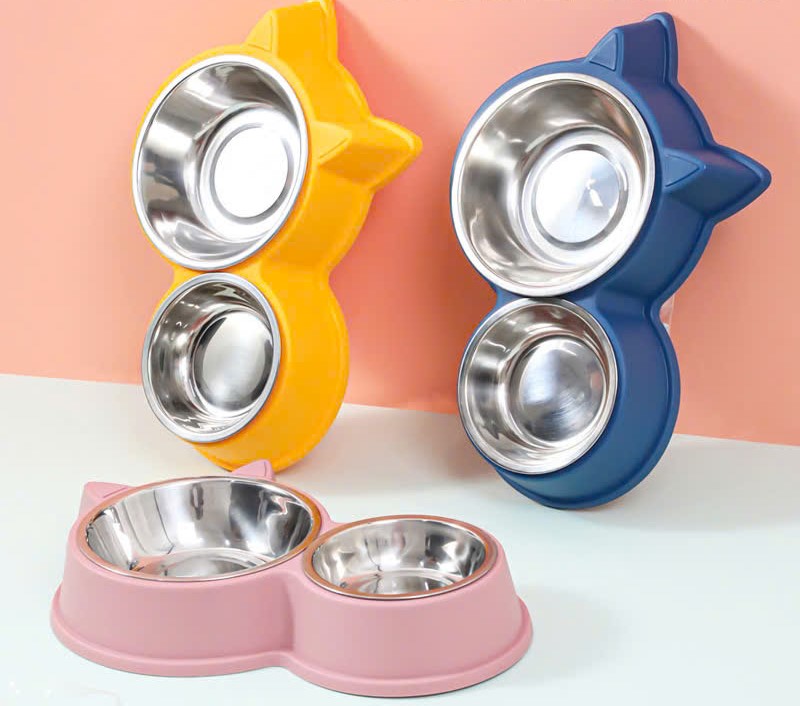 chén đôi inox hình mèo dành cho chó mèo - T3 PETS SHOP