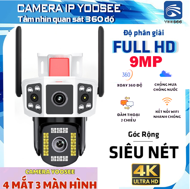 CAMERA WIFI YOOSEE 9MPX 4 MẮT 3 MÀN HÌNH Cùng Lúc 4K FHD1080 NGOÀI TRỜI CHỐNG NƯỚC Zoom 8X Xem Đêm Có MàuXOAY 360 Độ CÓ ĐÈN BÁO ĐỘNG Đàm Thoại 2 Chiều Hình Ảnh Sắc Nét . Bảo Hành 12 Tháng