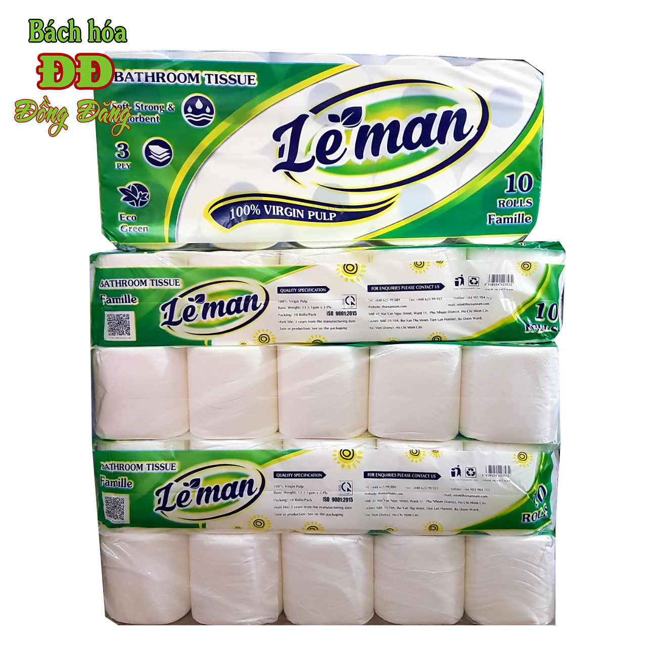 Combo (5 lốc) giấy vệ sinh Leman Xanh Lá 3 lớp (50 cuộn)
