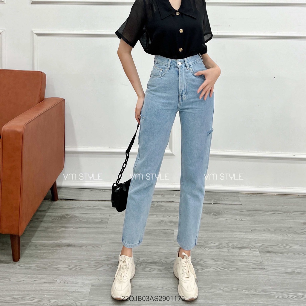 Quần Jean Baggy Nữ Lưng Cao VM STYLE QJB00012 Thiết Kế Rách Bên Lua Tua N112 Nổi Bật, Tôn Dáng Phù Hợp Đi Học, Đi Chơi